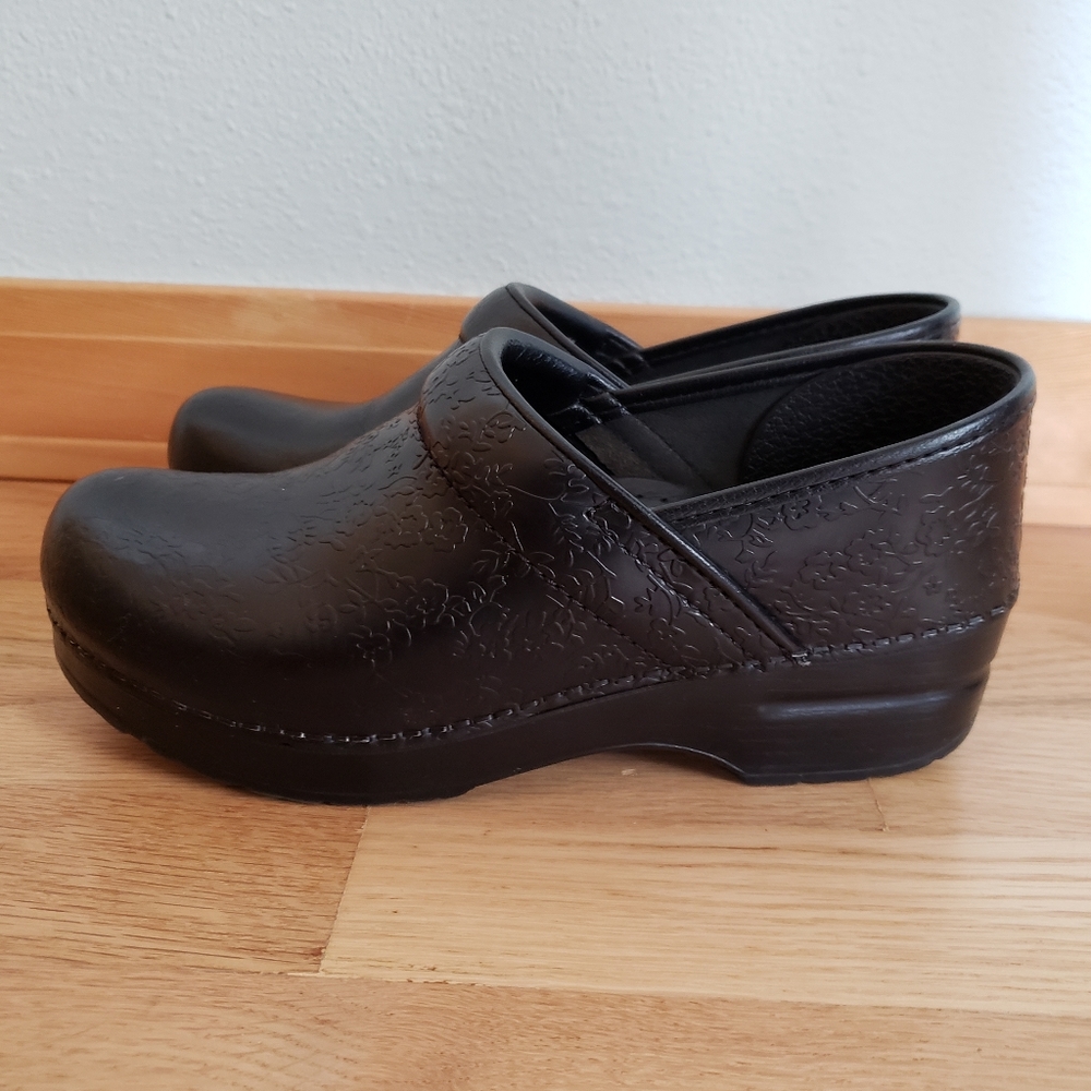 Black Dansko Clogs Size 38 with Floral Pattern